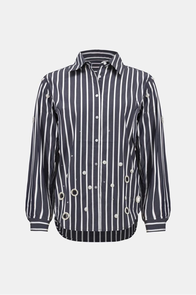 Joseph Ribkoff Rhinestone Stripe Boxy Blouse Midnight Blue/Vanilla