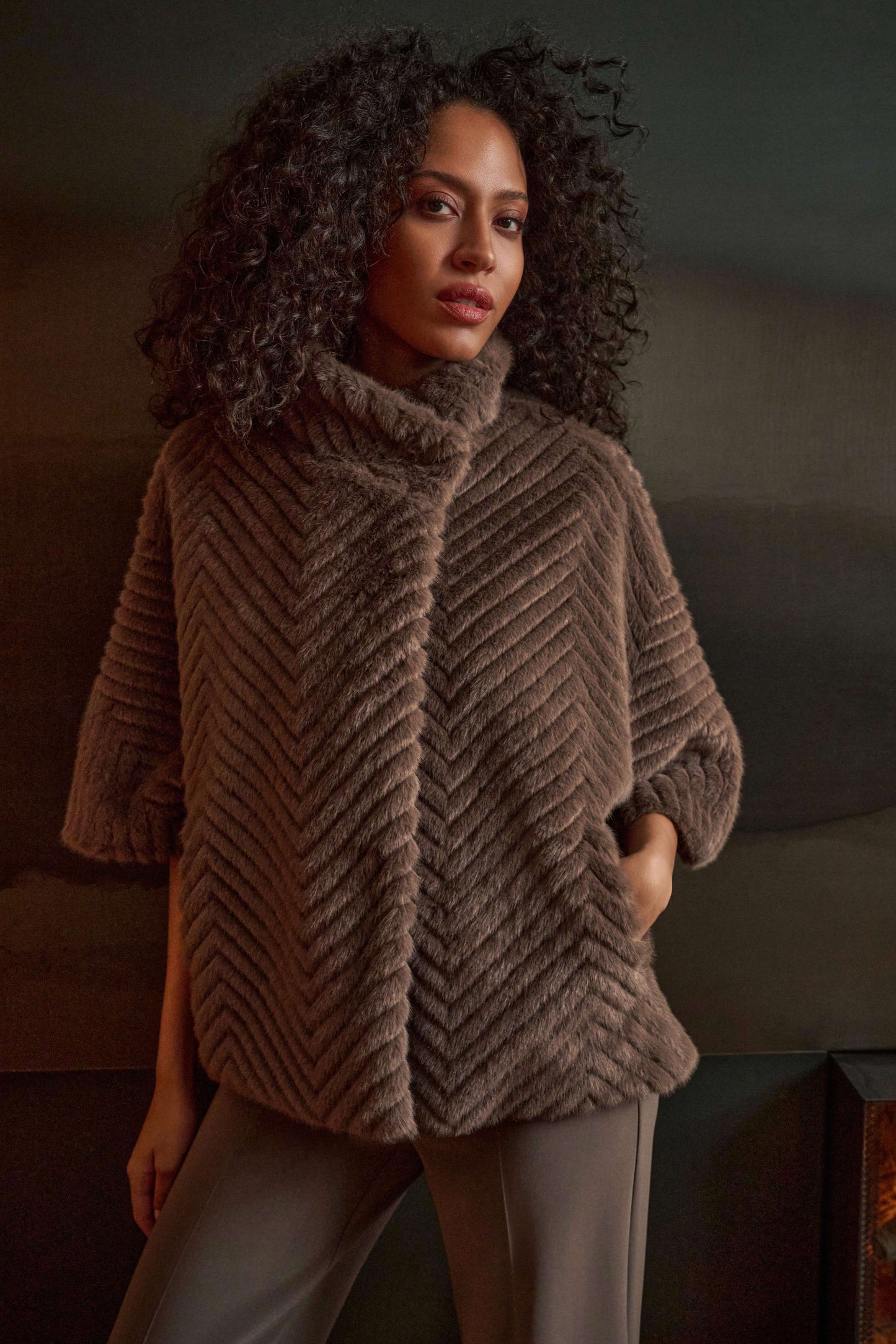 Joseph Ribkoff Faux Fur Cape-Style Jacket-Mink