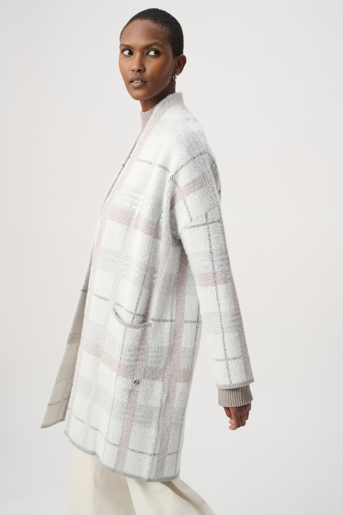 Joseph Ribkoff Sequin Plaid Cover-Up Winter White
