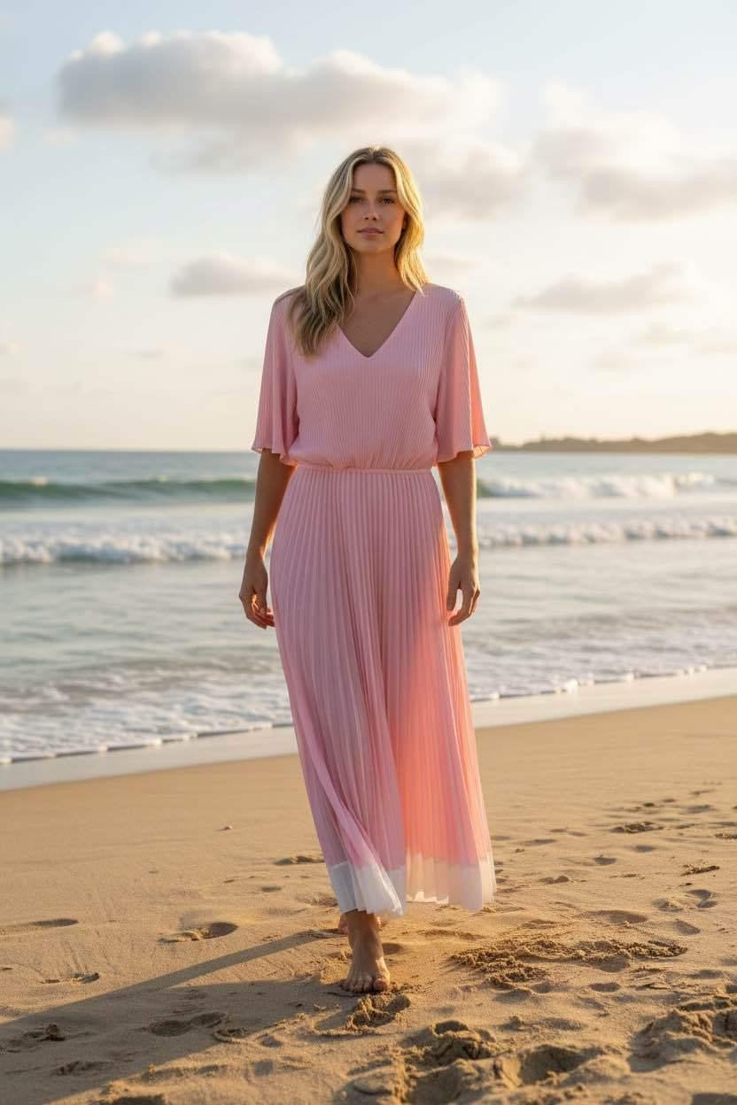 Katie White Trim Pleated Dress-Pink