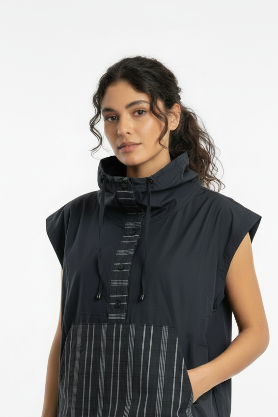 Naya Drawstring Neckline Top Black/Grey