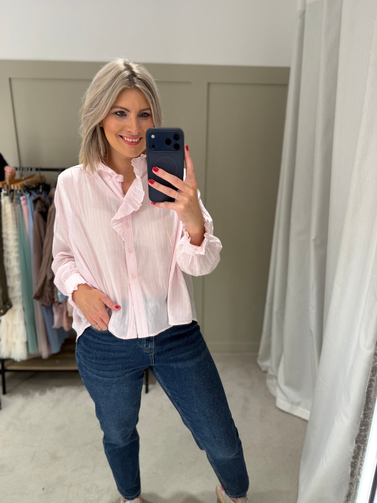 Sen Stripe Ruffle Blouse Pale Pink