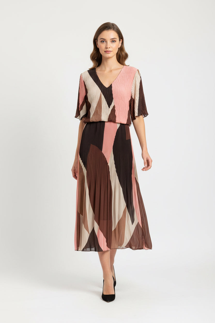 Kayla Pleated V-Neck Dress Autumnal Print