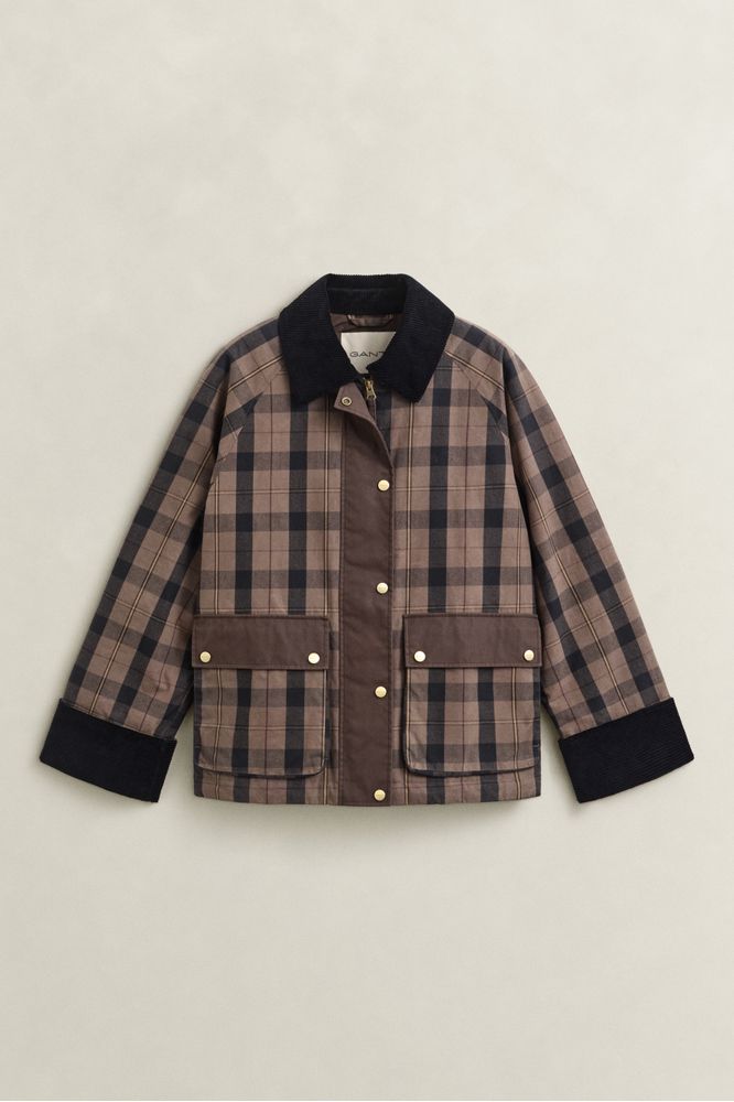 Gant Checked Waxed Jacket-Faded Taupe