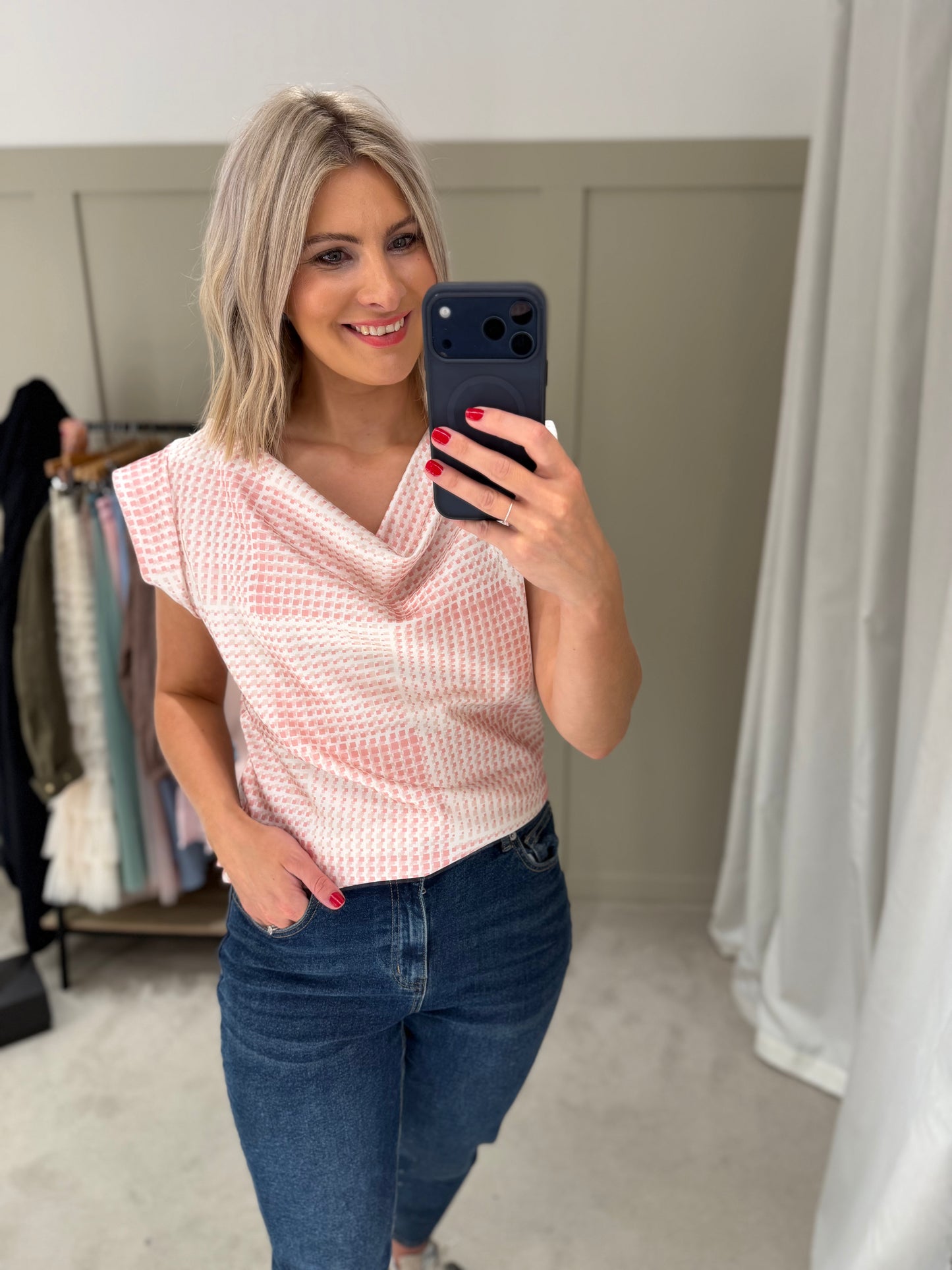 Kayla Cowl Satin Print Top Pink