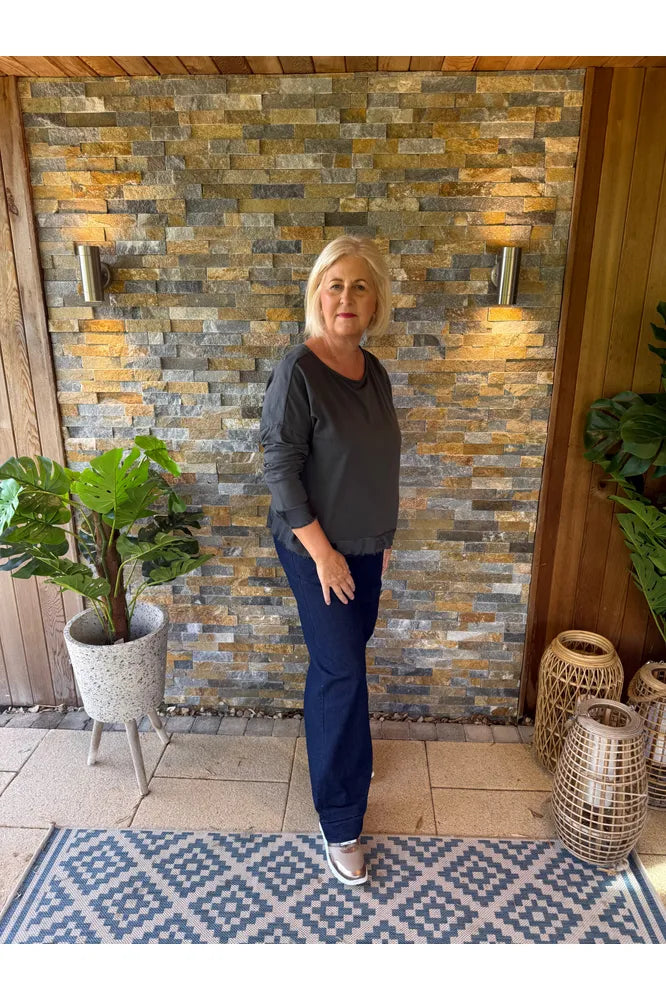 D.E.C.K Slate Satin Frill Top