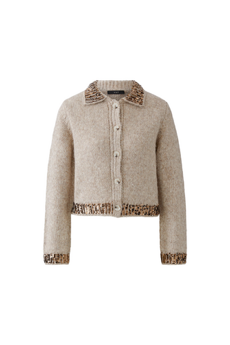Beige jacket with leopard print trim on a white background