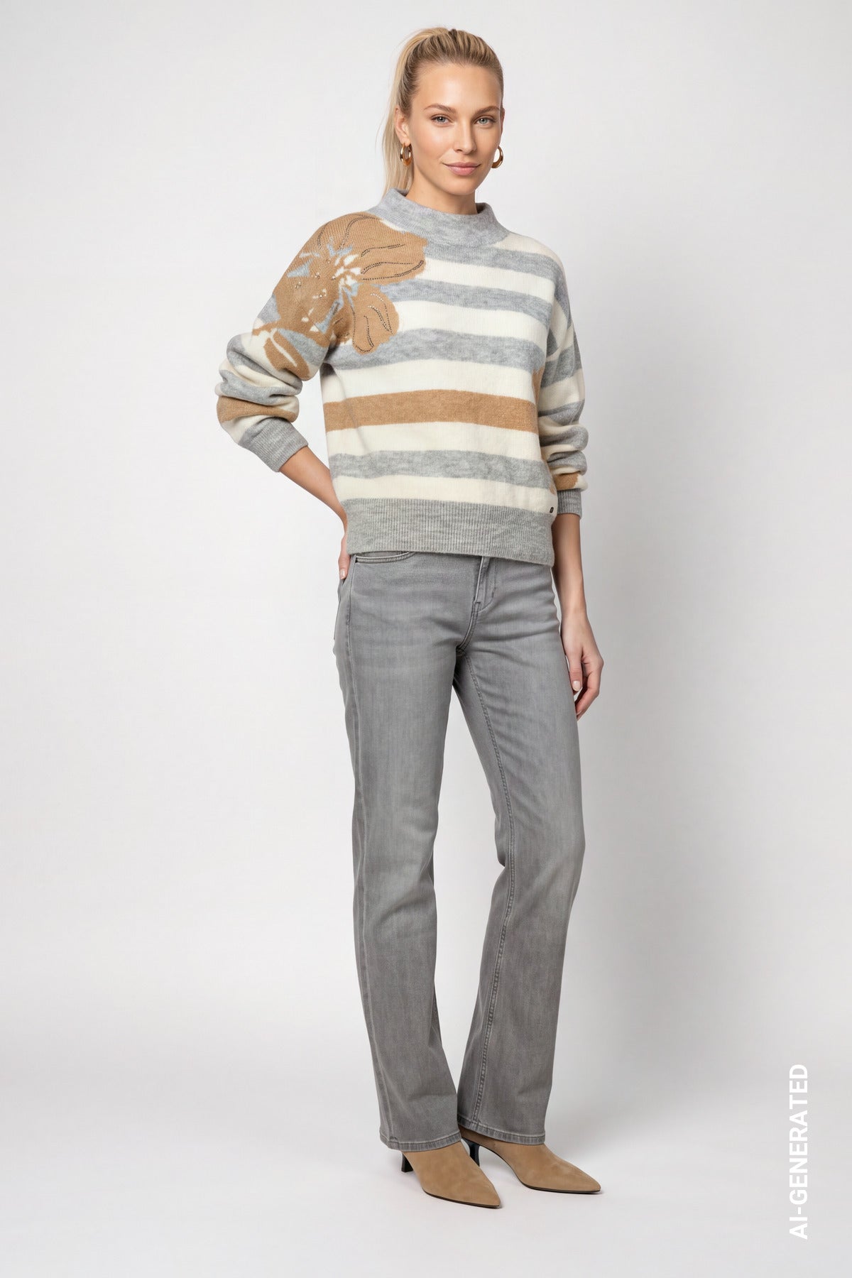 Monari Stripe Floral Pullover Light Grey