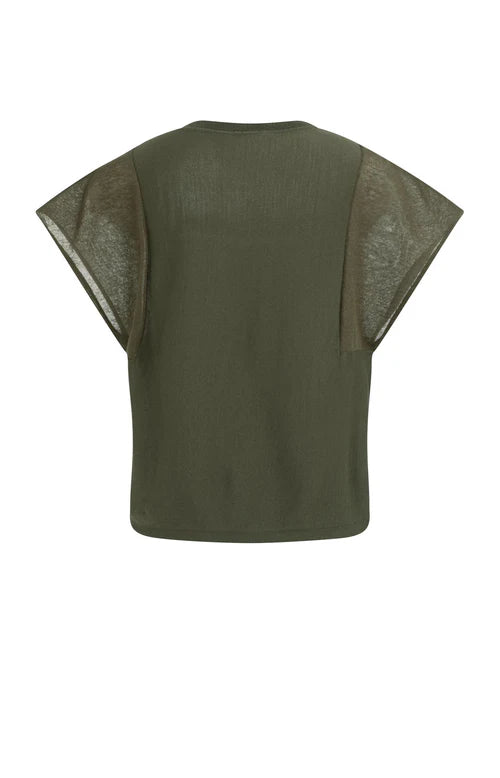 YAYA Sheer Short Sleeve Top Army Green