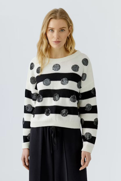Oui Striped/Spot Pullover- White/Black 97906