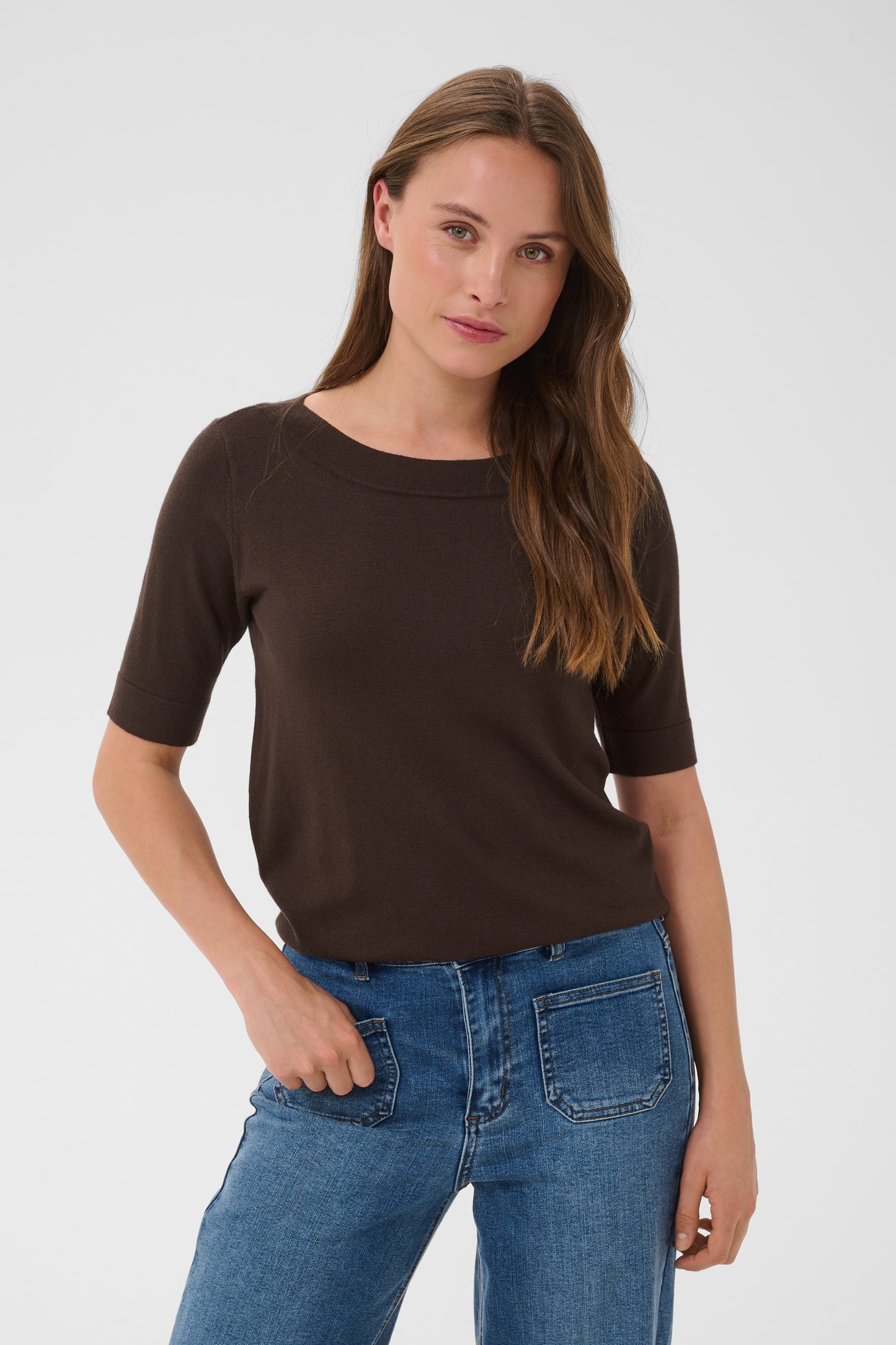 Kaffe KAlizza Boatneck Solid Pullover Coffee Bean