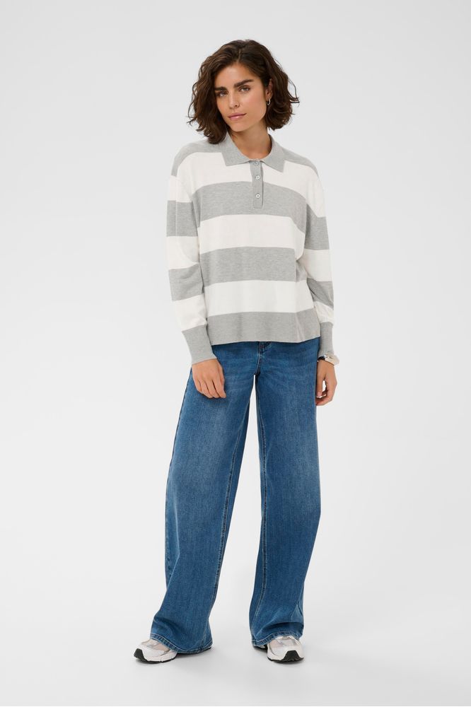 Kaffe KAlizza Striped Polo Pullover Light Grey/Chalk Wide Stripe