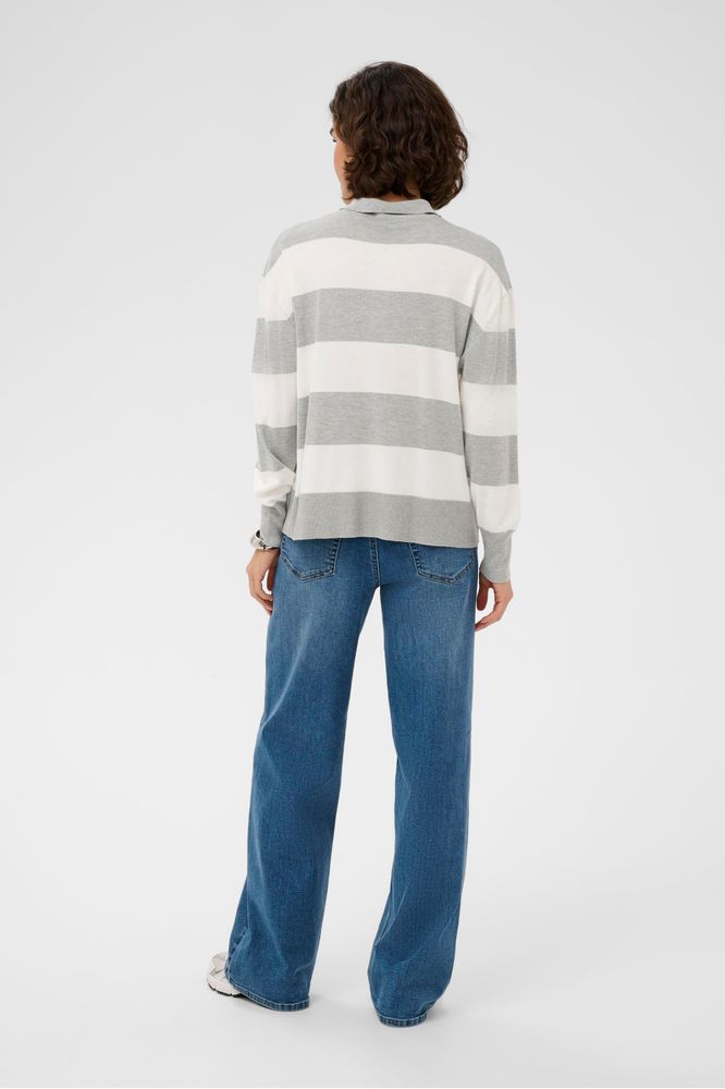 Kaffe KAlizza Striped Polo Pullover Light Grey/Chalk Wide Stripe