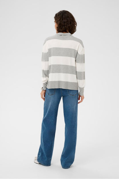 Kaffe KAlizza Striped Polo Pullover Light Grey/Chalk Wide Stripe
