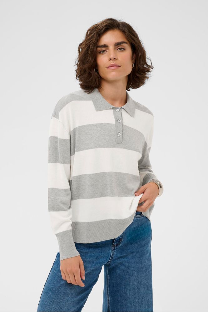 Kaffe KAlizza Striped Polo Pullover Light Grey/Chalk Wide Stripe