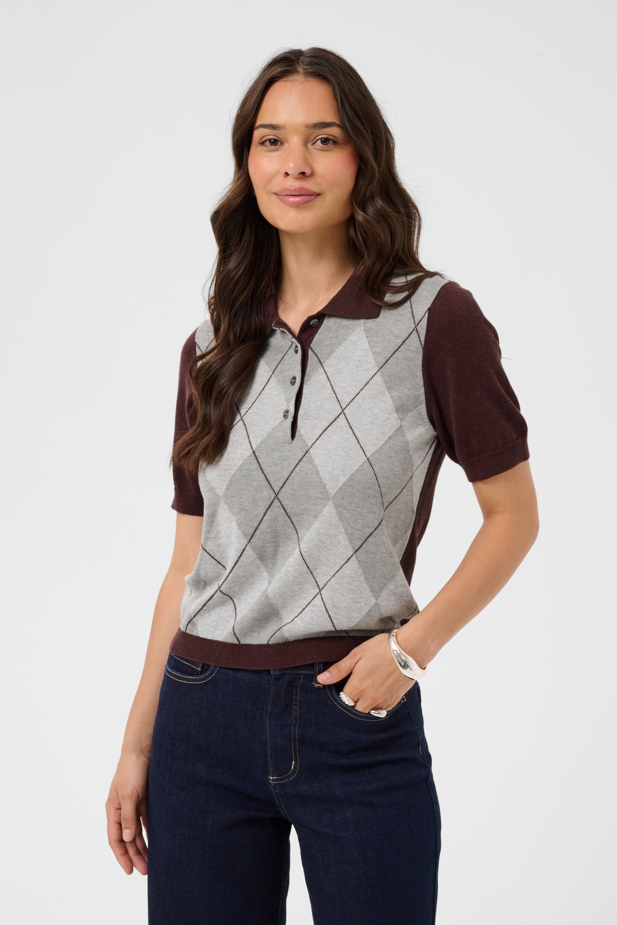 Kaffe KAgizza Argyle Polo Knit Fudge/ Grey Argyle