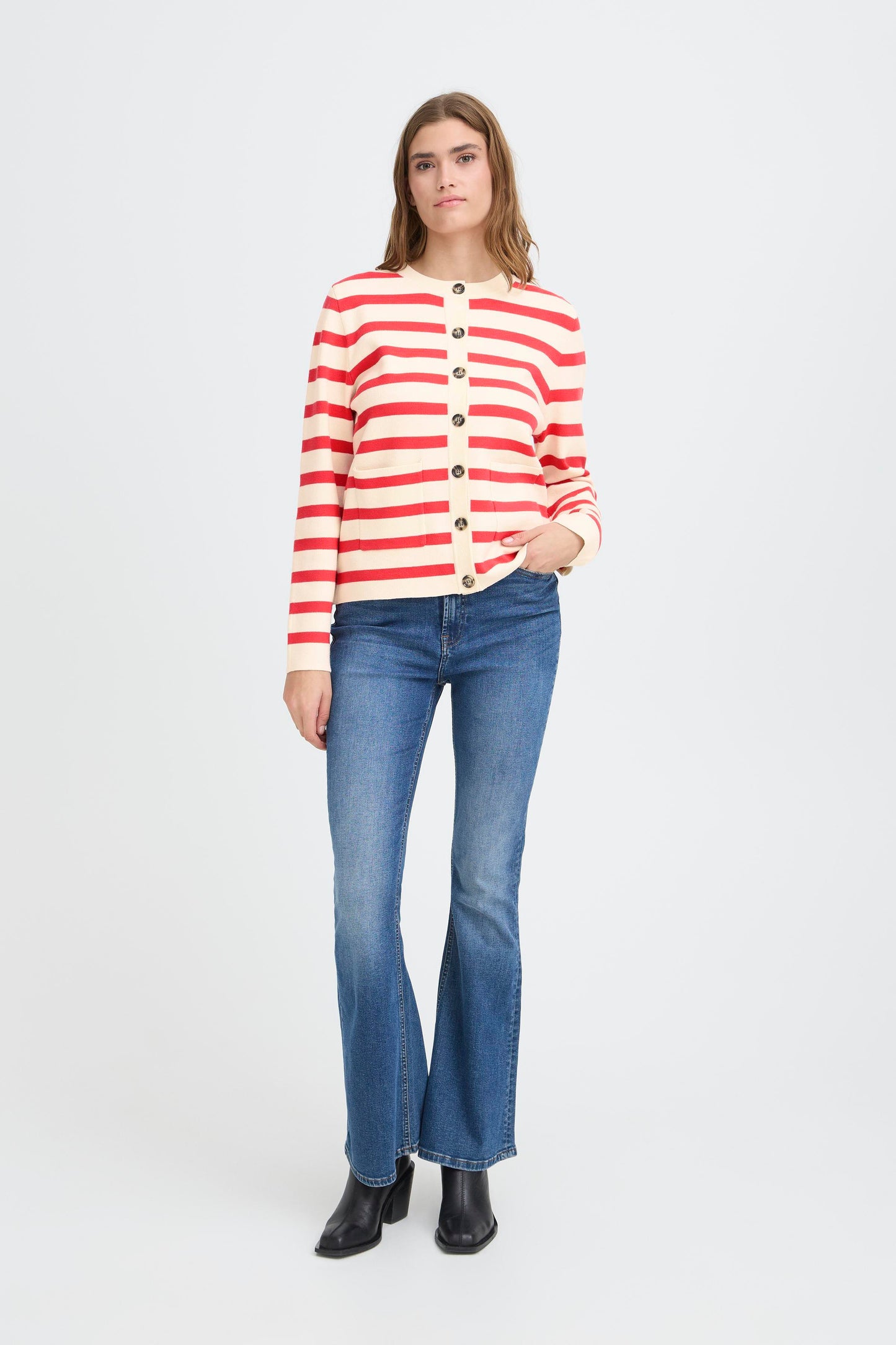 Ichi IHBoston Cardigan Birch W. Teaberry Stripes