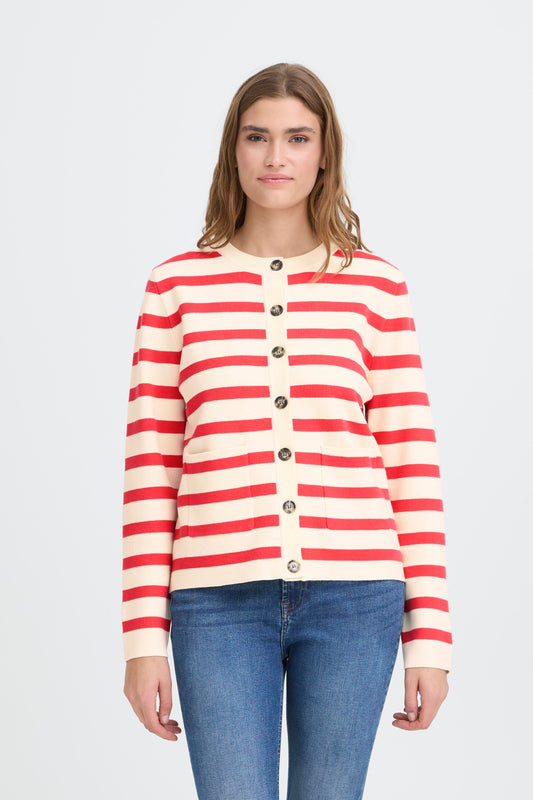 Ichi IHBoston Cardigan Birch W. Teaberry Stripes