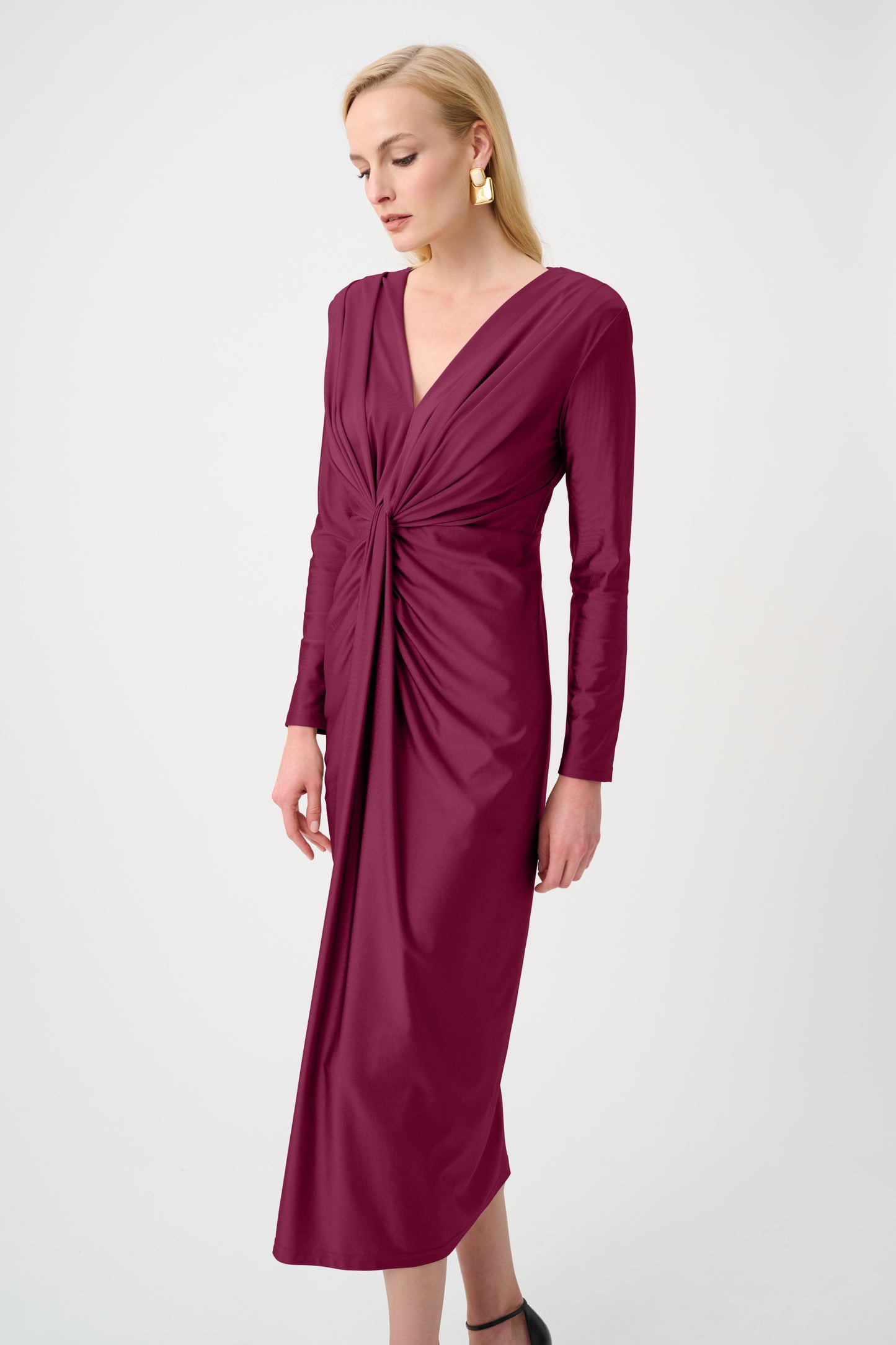 Joseph Ribkoff Satin Knit V-Neck Dress Berry Burst
