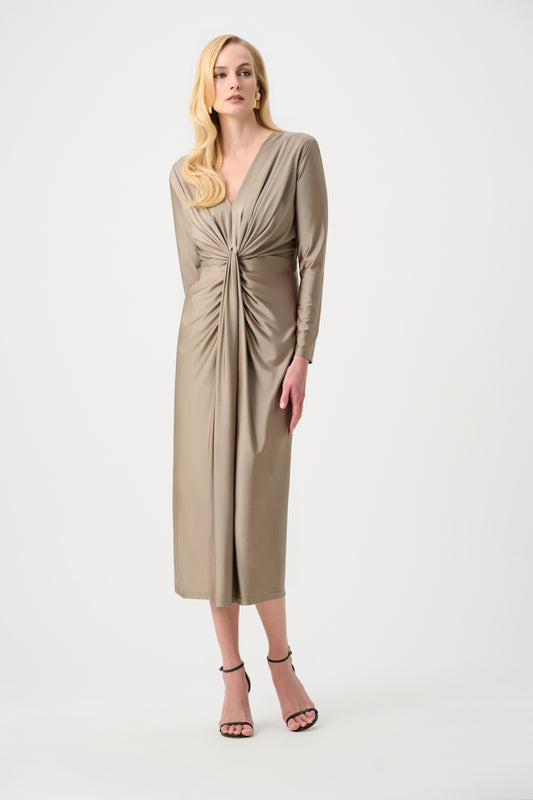 Joseph Ribkoff Satin Knit V-Neck Dress Platinum Grey