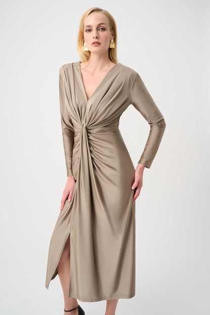 Joseph Ribkoff Satin Knit V-Neck Dress Platinum Grey