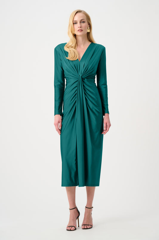 Joseph Ribkoff Satin Knit V-Neck Dress Opulent Green