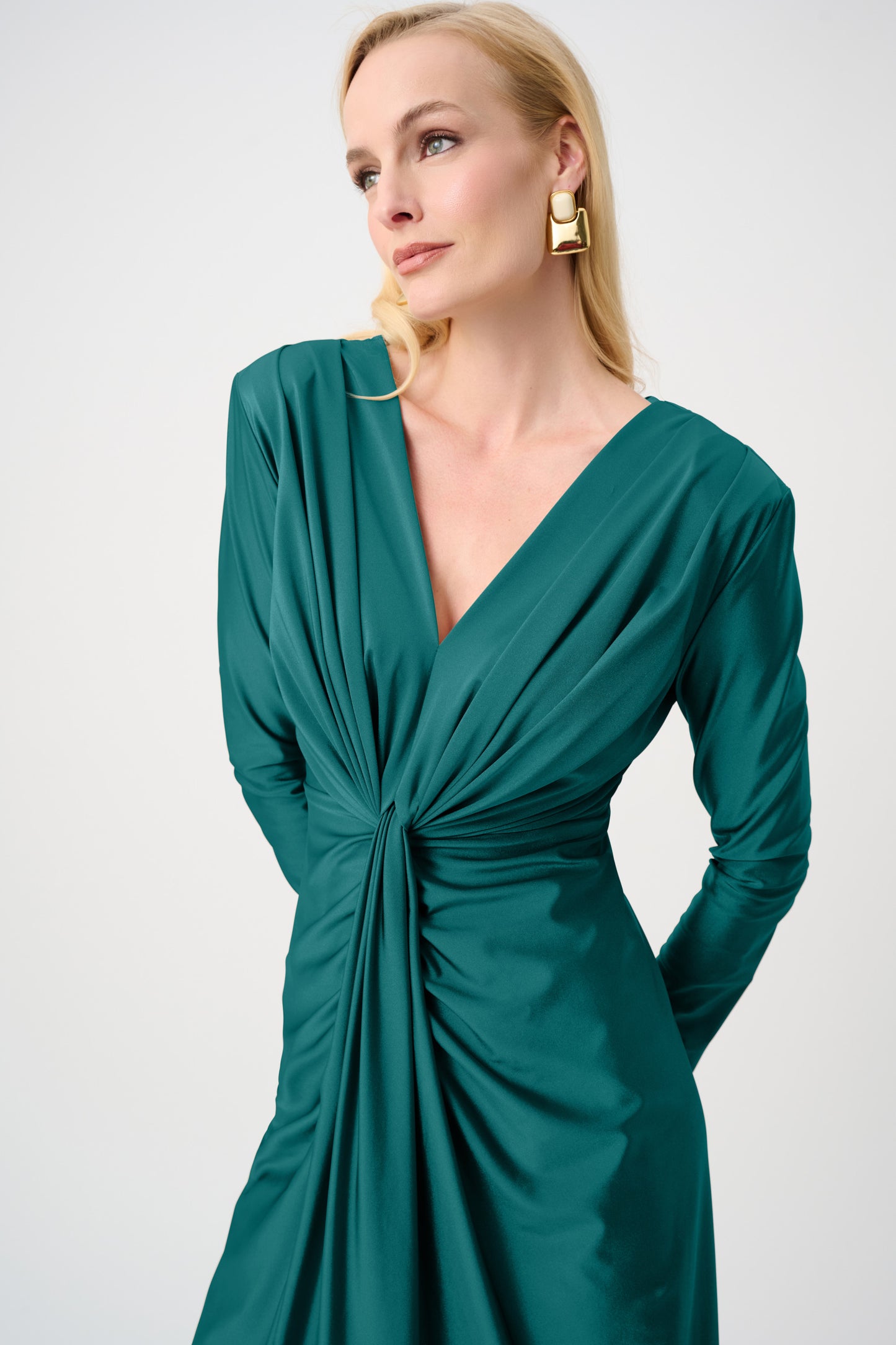 Joseph Ribkoff Satin Knit V-Neck Dress Opulent Green