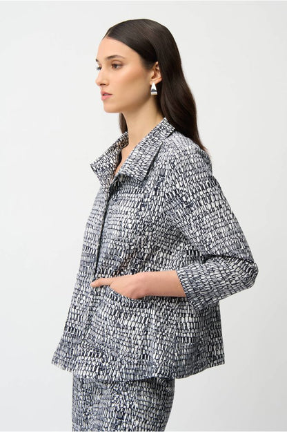Joseph Ribkoff Abstract Print Trapeze Jacket - Vanilla/Midnight Blue