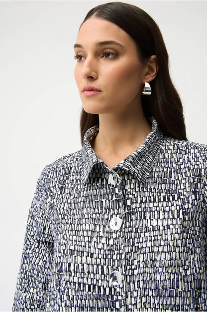 Joseph Ribkoff Abstract Print Trapeze Jacket - Vanilla/Midnight Blue