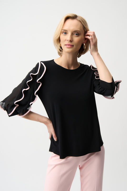 Joseph Ribkoff Ruffle Sleeve Top Black/Petal Pink