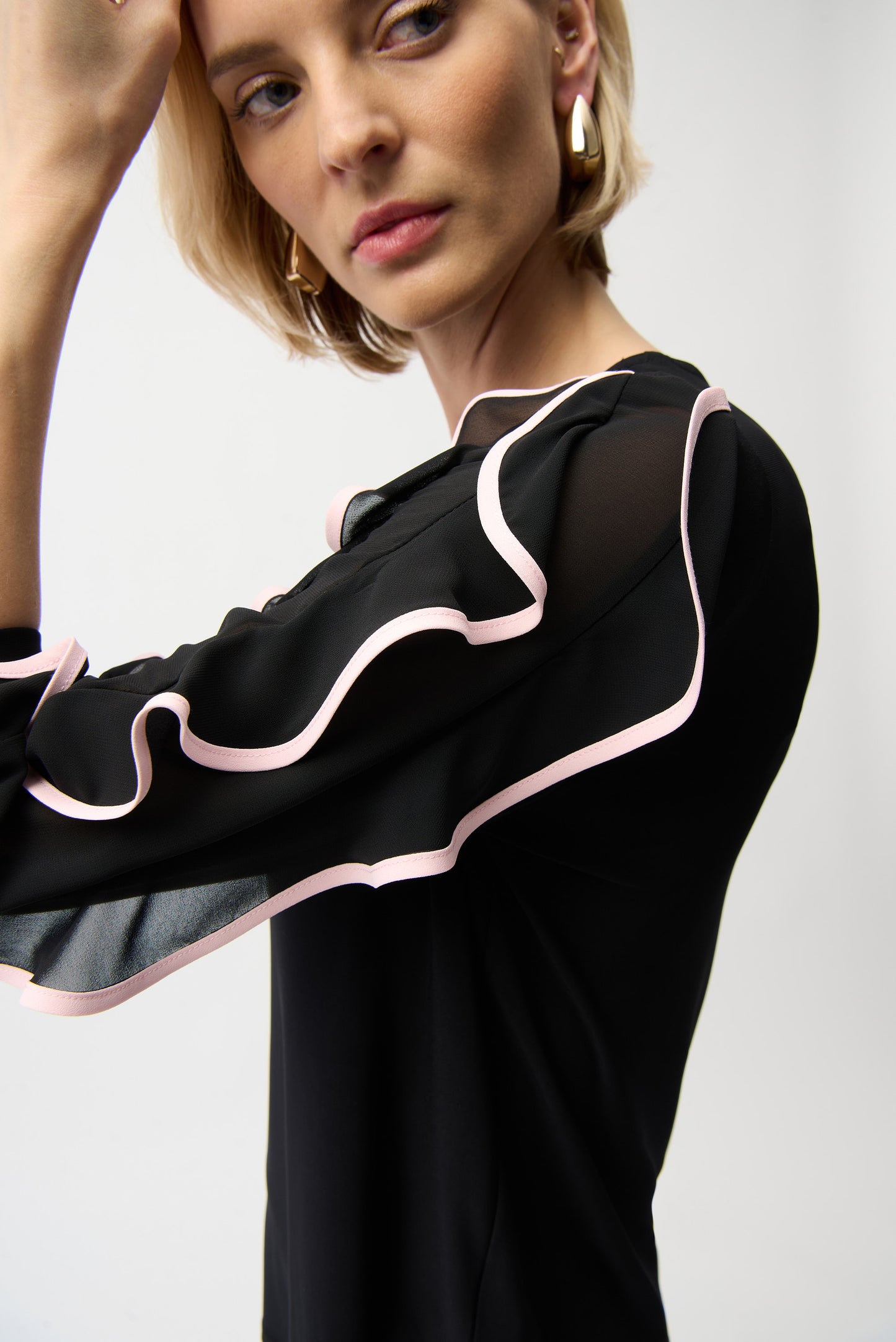 Joseph Ribkoff Ruffle Sleeve Top Black/Petal Pink