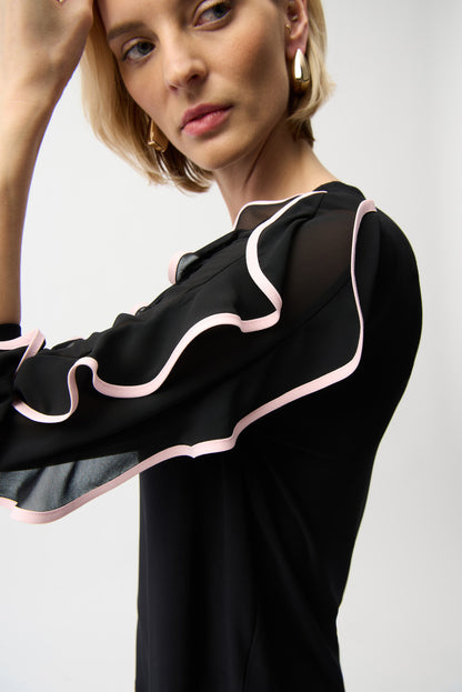 Joseph Ribkoff Ruffle Sleeve Top Black/Petal Pink