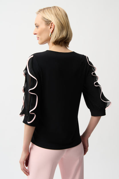 Joseph Ribkoff Ruffle Sleeve Top Black/Petal Pink