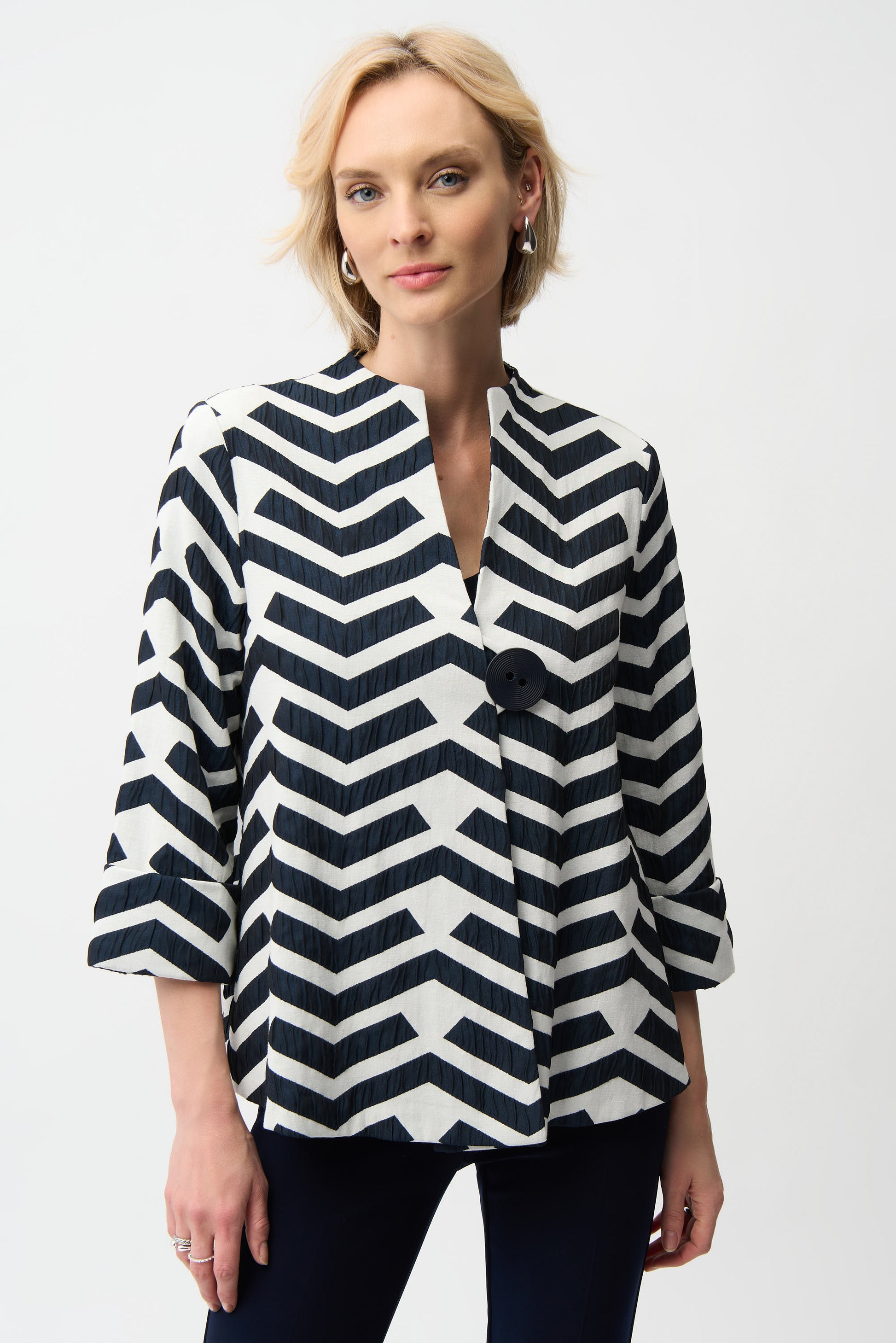 Joseph Ribkoff Geometric Print Trapeze Jacket Off-White/Navy