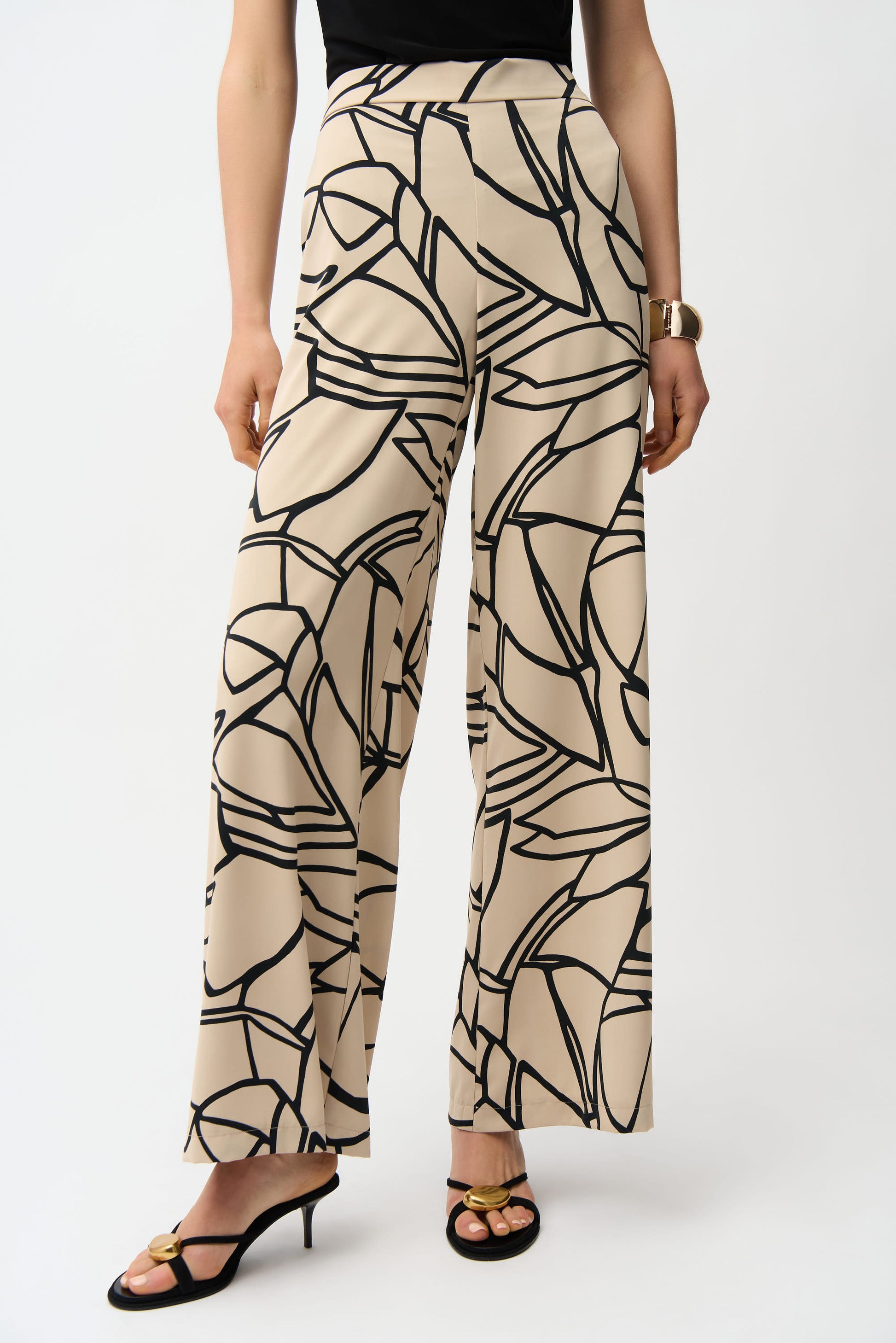 Joseph Ribkoff Abstract Print Wide Leg Trousers Beige/Black