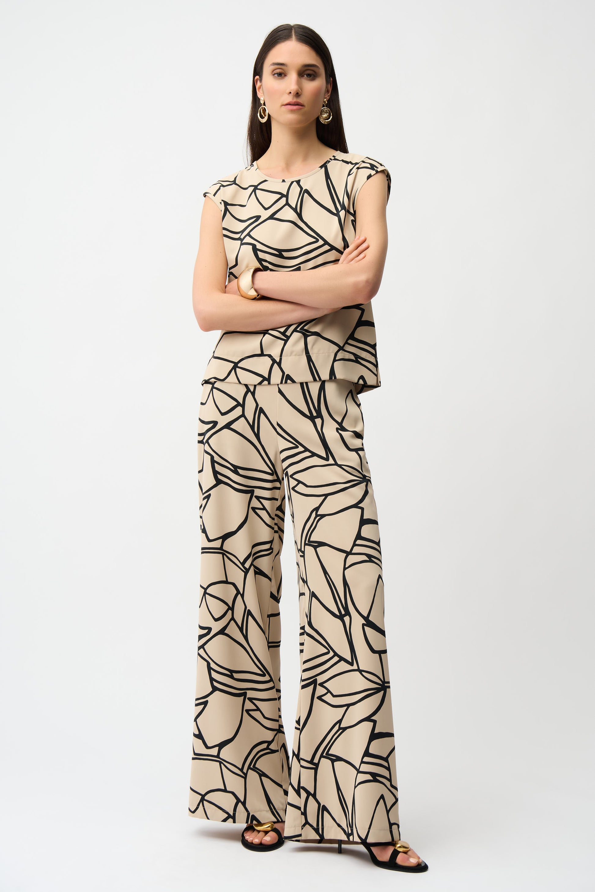 Joseph Ribkoff Abstract Print Wide Leg Trousers Beige/Black