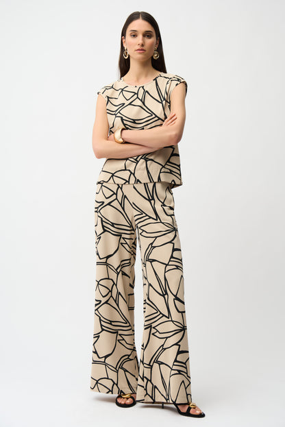 Joseph Ribkoff Abstract Print Wide Leg Trousers Beige/Black