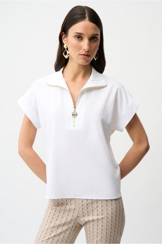 Joseph Ribkoff Zip Neck Stretch Poplin Top - White