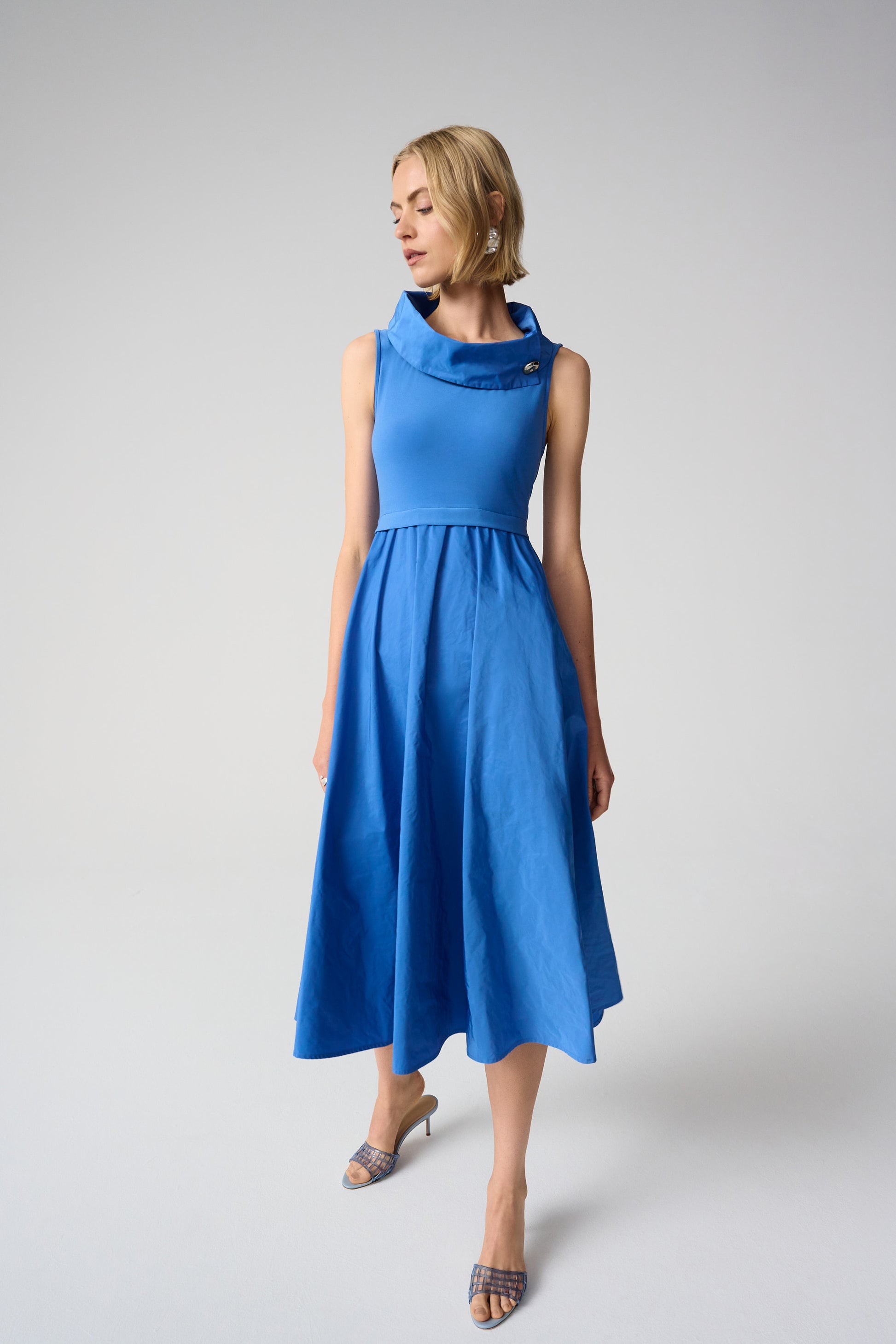 Joseph Ribkoff Silky Knit Dress With Shawl Collar-Harbor Blue
