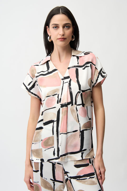 Joseph Ribkoff Satin Abstract Print Top Vanilla/Multi