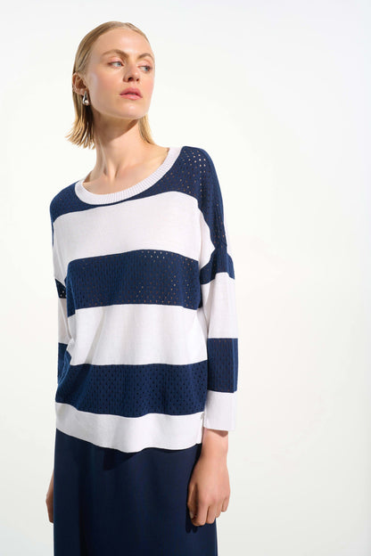 Joseph Ribkoff Stripe Crewneck Sweater Vanilla/Indigo