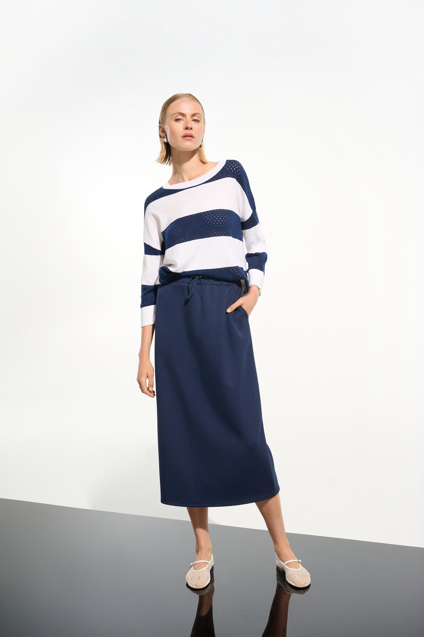Joseph Ribkoff Stripe Crewneck Sweater Vanilla/Indigo