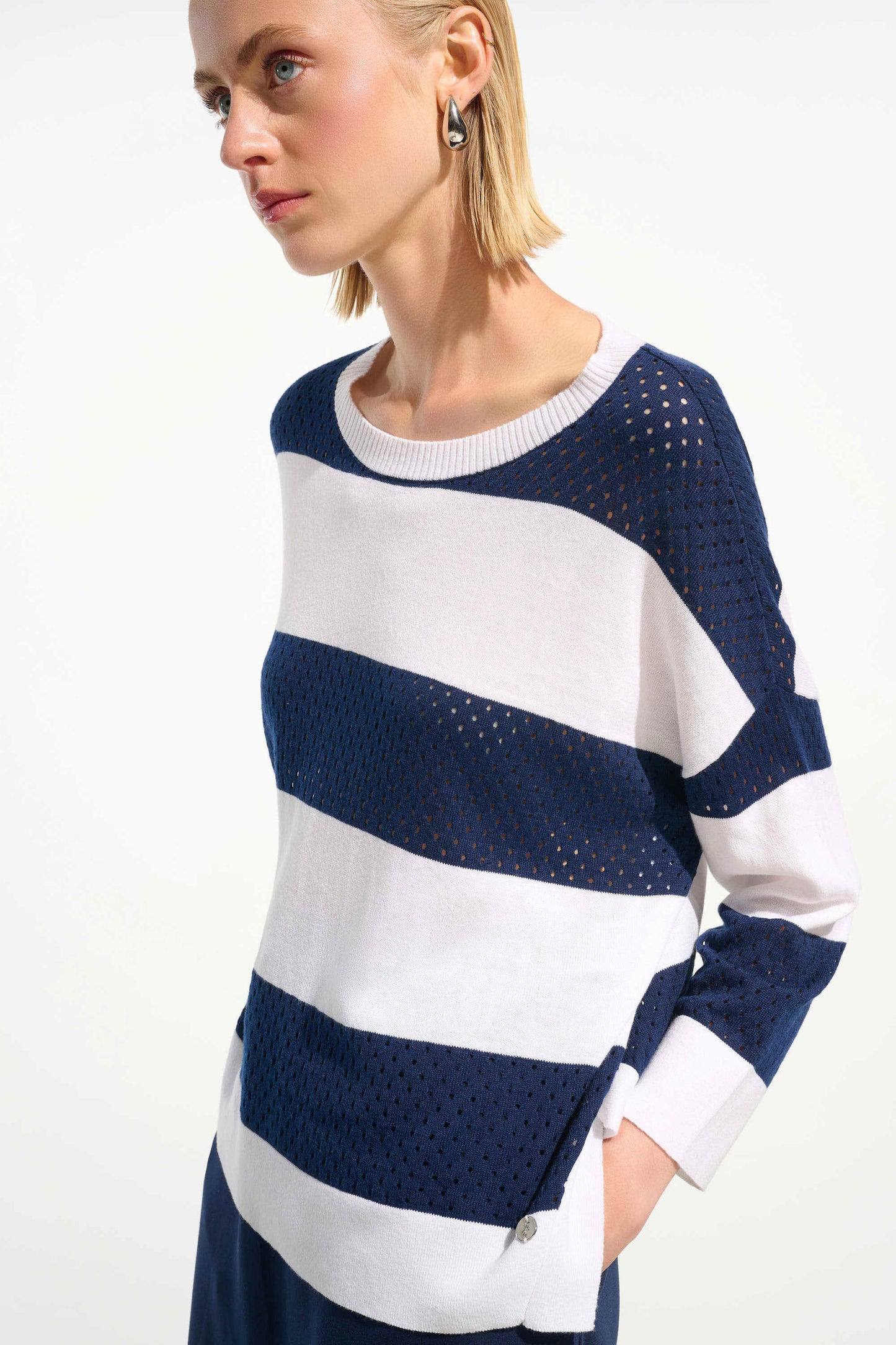 Joseph Ribkoff Stripe Crewneck Sweater Vanilla/Indigo