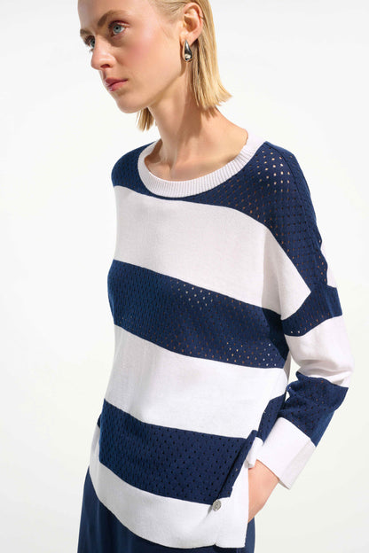 Joseph Ribkoff Stripe Crewneck Sweater Vanilla/Indigo