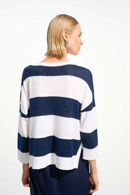 Joseph Ribkoff Stripe Crewneck Sweater Vanilla/Indigo