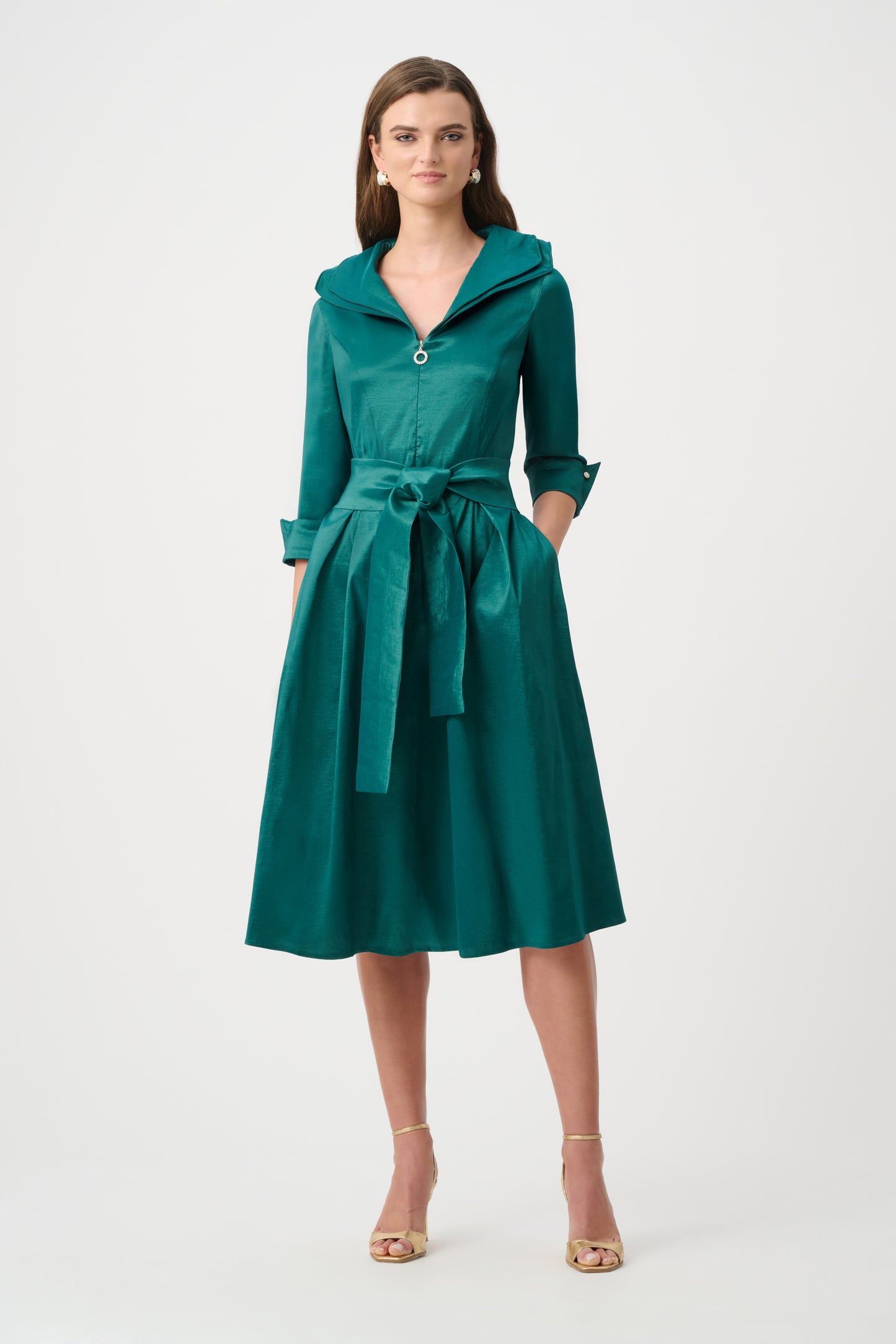 Joseph Ribkoff Taffeta Lapel Collar Dress Opulent Green
