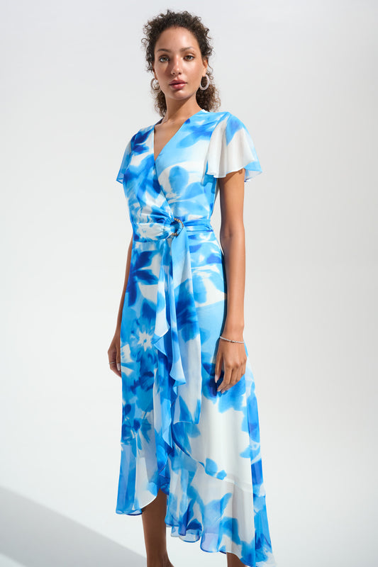 Joseph Ribkoff Ruffle Detail Wrap Dress Vanilla/Blue