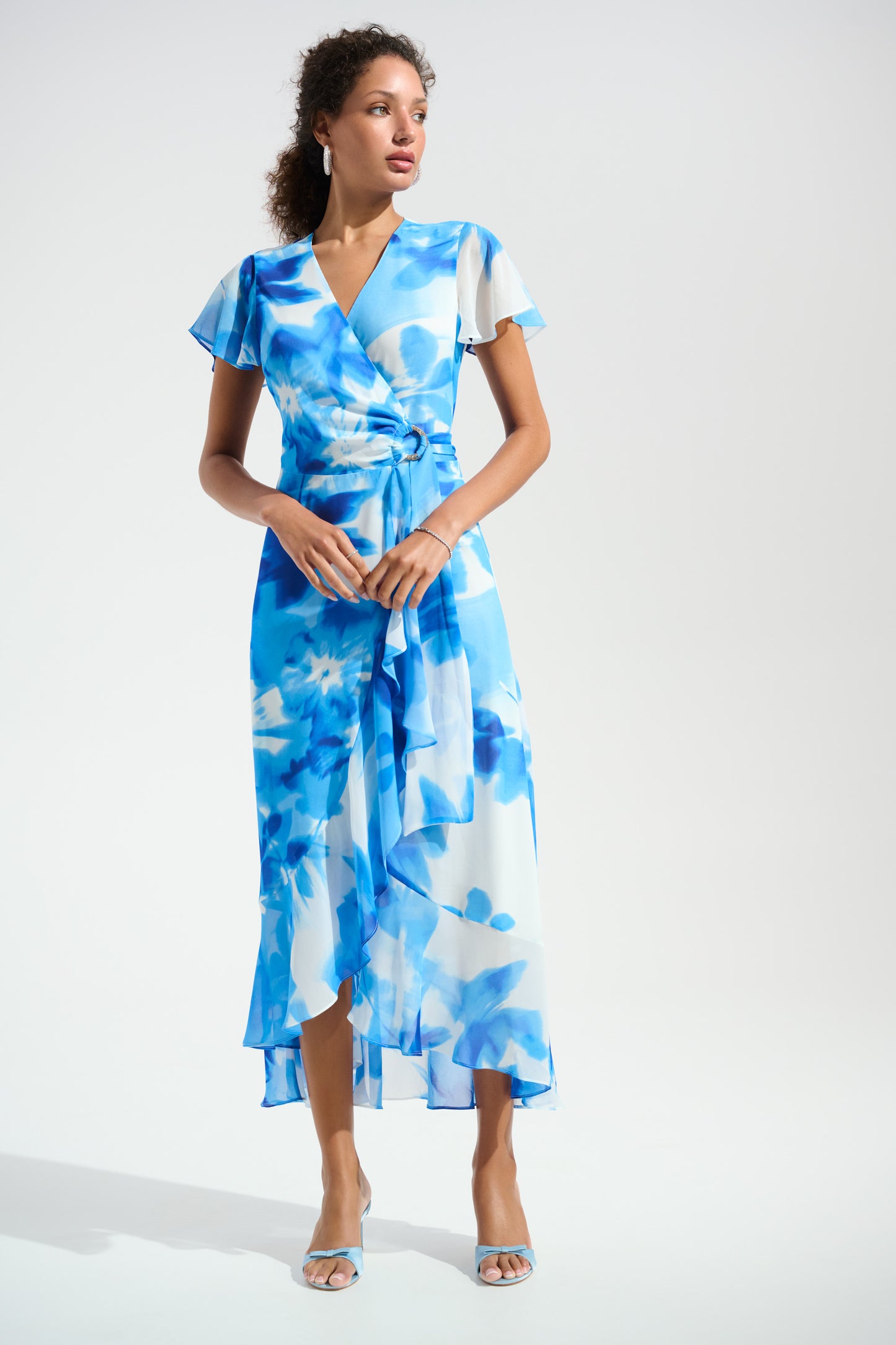 Joseph Ribkoff Ruffle Detail Wrap Dress Vanilla/Blue