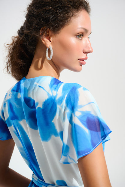 Joseph Ribkoff Ruffle Detail Wrap Dress Vanilla/Blue