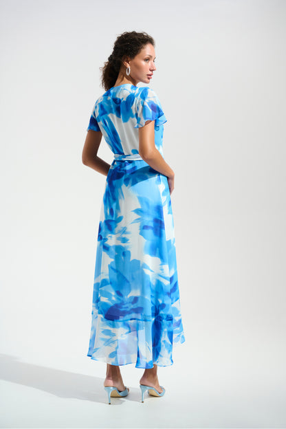 Joseph Ribkoff Ruffle Detail Wrap Dress Vanilla/Blue